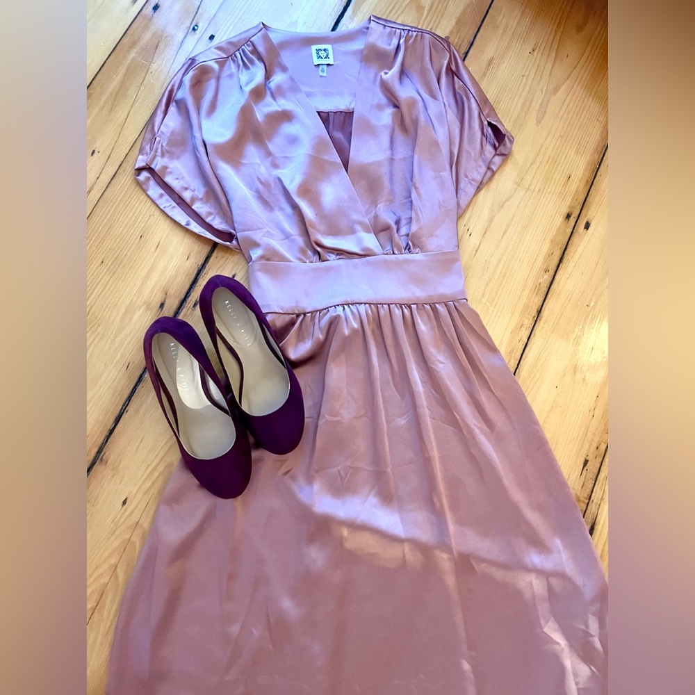 V-shaped Pink Satin Midi Dress